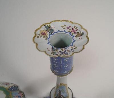 Pair of Battersea Enamel Candlesticks