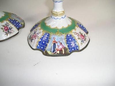 Pair of Battersea Enamel Candlesticks