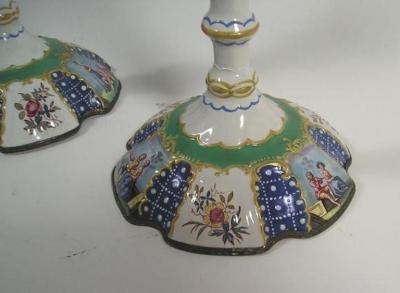Pair of Battersea Enamel Candlesticks