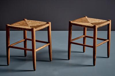 Pair of Beechwood Stools with Woven Rush Seats