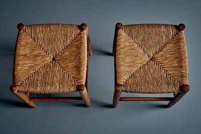 Pair of Beechwood Stools with Woven Rush Seats