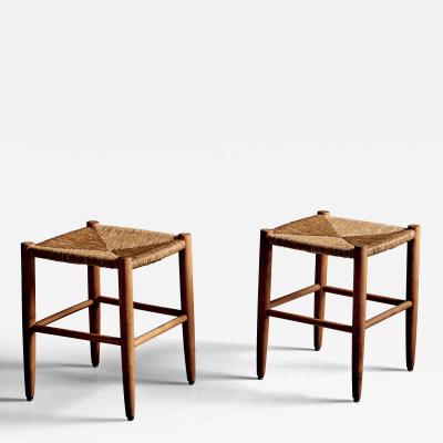 Pair of Beechwood Stools with Woven Rush Seats