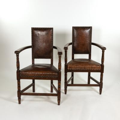 Pair of Beechwood and Leather Armchairs with Nailhead Trim French Circa 1900