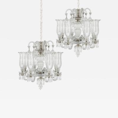 Pair of Belle poque clear cut and etched glass 6 light chandeliers