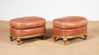 Pair of Bespoke Shell Pink Leather and Gilt Footstools
