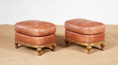 Pair of Bespoke Shell Pink Leather and Gilt Footstools