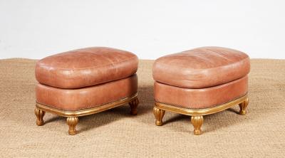 Pair of Bespoke Shell Pink Leather and Gilt Footstools