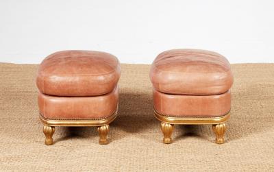 Pair of Bespoke Shell Pink Leather and Gilt Footstools