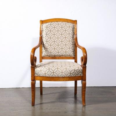 Pair of Biedermeier Scroll Form Arm Chairs in Hand Finished Burled Elm