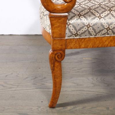 Pair of Biedermeier Scroll Form Arm Chairs in Hand Finished Burled Elm