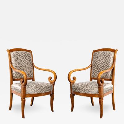 Pair of Biedermeier Scroll Form Arm Chairs in Hand Finished Burled Elm