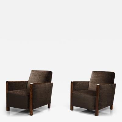 Pair of Birch Armchairs with Brown Upholstery Sweden 1930s