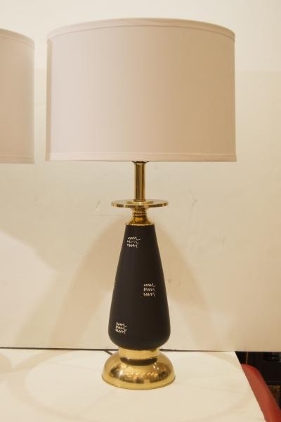 Pair of Black Enameled and Brass Table Lamps