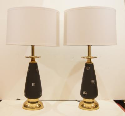 Pair of Black Enameled and Brass Table Lamps
