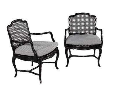 Pair of Black Lacquered Cane Back Lounge Chairs