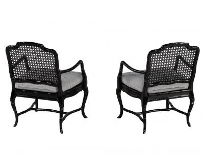 Pair of Black Lacquered Cane Back Lounge Chairs