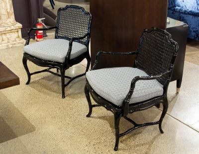 Pair of Black Lacquered Cane Back Lounge Chairs