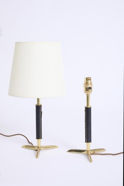 Pair of Black Leather and Brass Table Lamps
