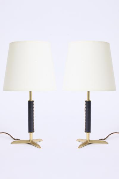 Pair of Black Leather and Brass Table Lamps