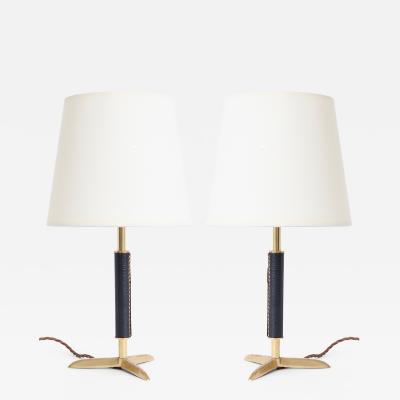 Pair of Black Leather and Brass Table Lamps