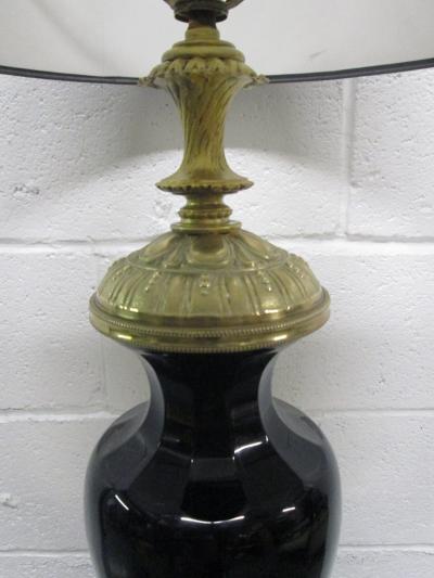 Pair of Black Opaline and Brass Lamps