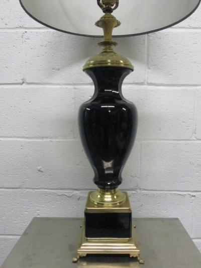 Pair of Black Opaline and Brass Lamps