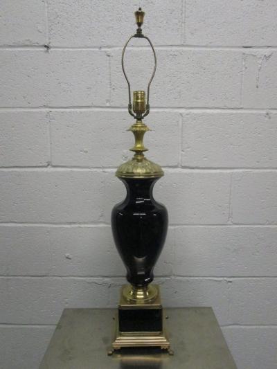 Pair of Black Opaline and Brass Lamps