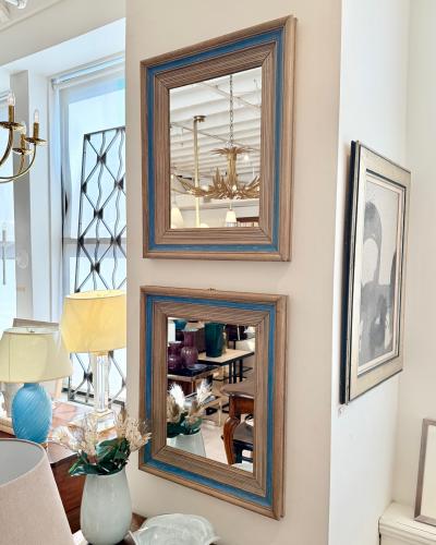 Pair of Bleached Oak Mirrors with Blue Stripe