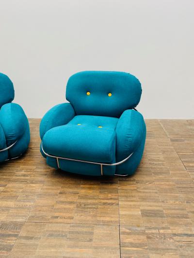 Pair of Bleu and Yellow Armchairs in the Style of Sesann Italy 1960s