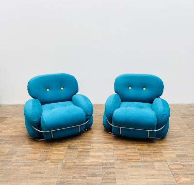 Pair of Bleu and Yellow Armchairs in the Style of Sesann Italy 1960s