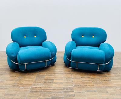 Pair of Bleu and Yellow Armchairs in the Style of Sesann Italy 1960s
