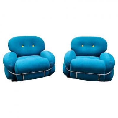 Pair of Bleu and Yellow Armchairs in the Style of Sesann Italy 1960s