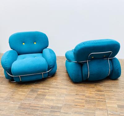 Pair of Bleu and Yellow Armchairs in the Style of Sesann Italy 1960s