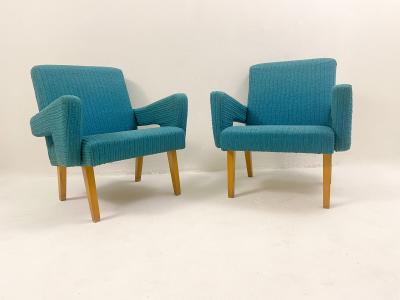 Pair of Blue Czech Mid Century Modern Armchairs