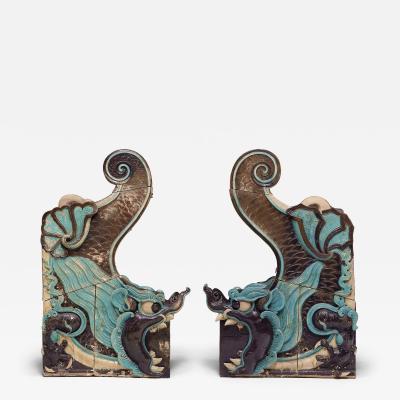 Pair of Blue Glazed Chiwen Roof Tiles
