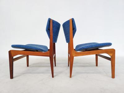 Pair of Blue Mid Century Modern Armchairs with Matching Ottomans
