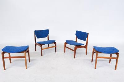 Pair of Blue Mid Century Modern Armchairs with Matching Ottomans