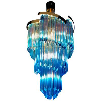 Pair of Blue Murano Prism Chandelier with Golden Frame 1980