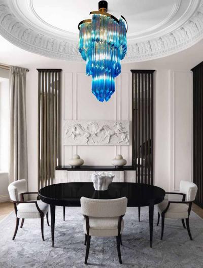 Pair of Blue Murano Prism Chandelier with Golden Frame 1980