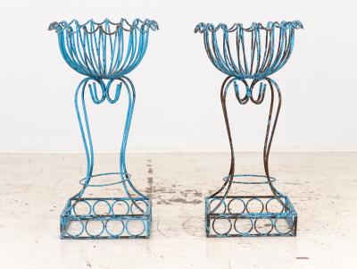 Pair of Blue Painted Iron Pedestal and Basket Planters 1960s France