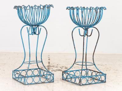 Pair of Blue Painted Iron Pedestal and Basket Planters 1960s France
