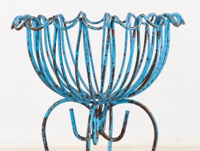 Pair of Blue Painted Iron Pedestal and Basket Planters 1960s France