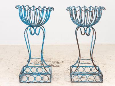 Pair of Blue Painted Iron Pedestal and Basket Planters 1960s France