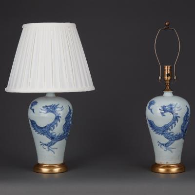 Pair of Blue and White Chinese Porcelain Lamps with Dragon Motif 