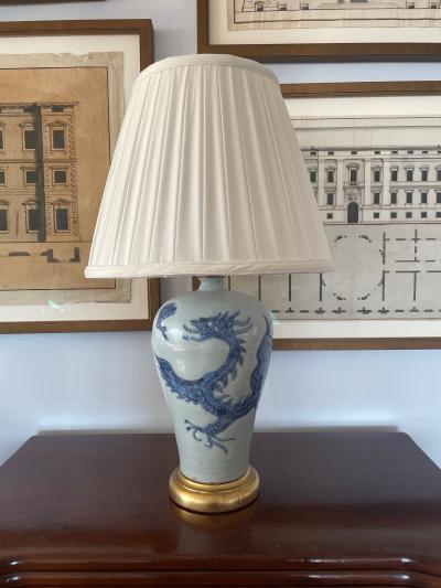 Pair of Blue and White Chinese Porcelain Lamps with Dragon Motif 