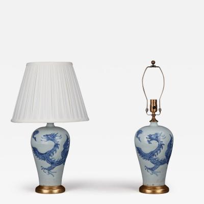 Pair of Blue and White Chinese Porcelain Lamps with Dragon Motif 