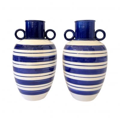 Pair of Blue and White Striped Vases