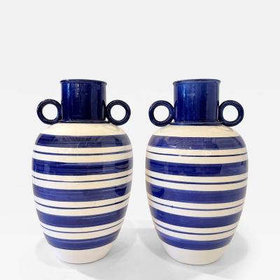 Pair of Blue and White Striped Vases