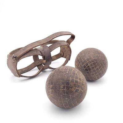 Pair of Bocce Balls with Leather Carrier circa 1900