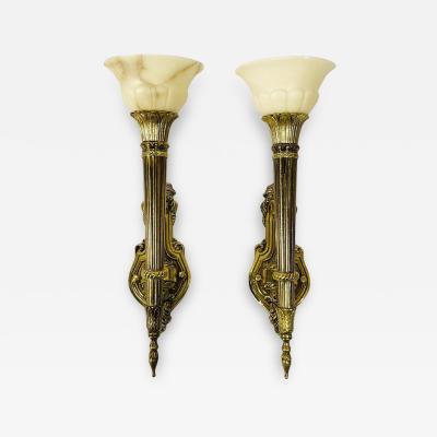 Pair of Brass Alabaster Wall Sconces in the Neoclassical Style